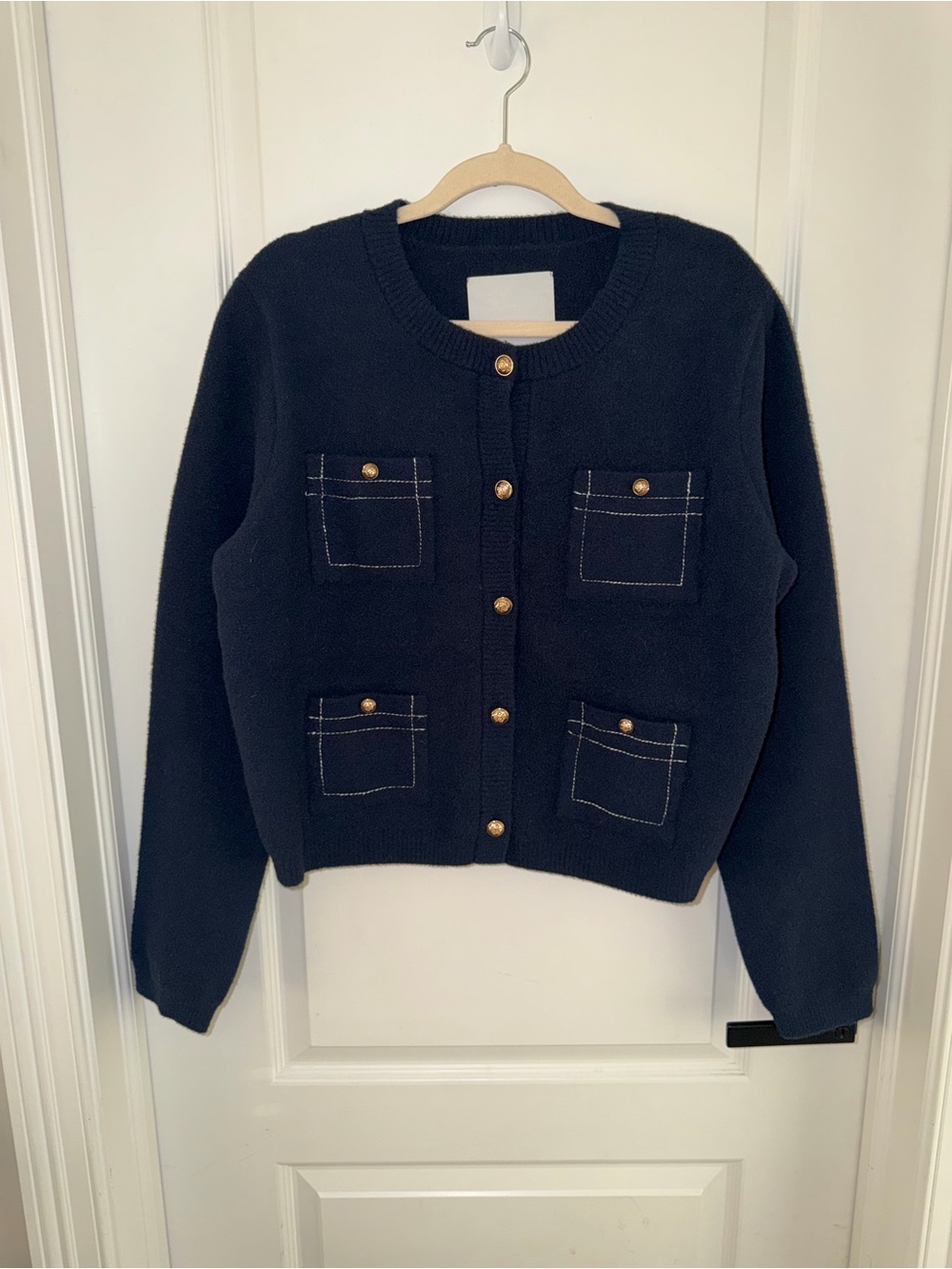Anthropologie NVLT Navy Knit Cardigan Gold Buttons Contrast Stitch Sweater L NWT